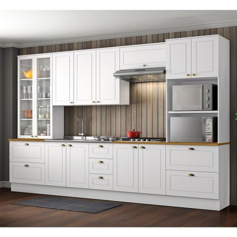 Cozinha Modulada 343cm 6 Peças 12 Portas 7 Gavetas Americana Henn - Branco/nature