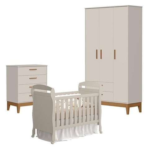 Quarto de Bebê 3 Portas com Cômoda Gaveteiro Flip e Berço Americano Danny Areia Acetinado -
