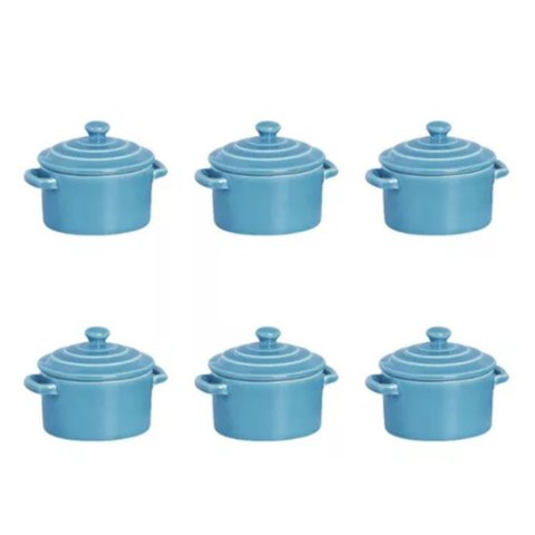 Kit 6 Mini Caçarolas Cerâmica Panelinha c/ Tampa Azul 250ml