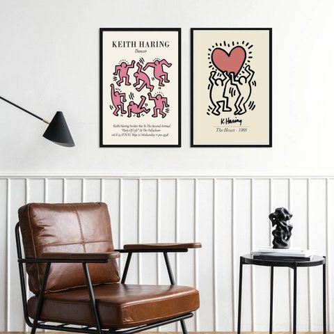 Kit 2 Quadros Artes Keith Haring - Rosa 24x18cm:madeira Preta