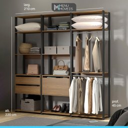 Guarda Roupa Solteiro para Closet Aberto Estante Estilo Industrial Bacco MDP Carvalho Cinza - MENU - 2 Guarda Roupa Solteiro para Closet Aberto Estante Estilo Industrial Bacco MDP Carvalho Cinza - MENU - 2