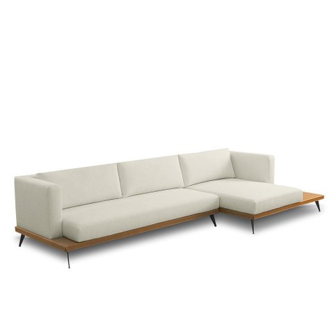 Sofá Sala de Estar Living Design Moderno 340cm Mesa Lateral Pés de Ferro Manacor Linho e Pu Bege/car