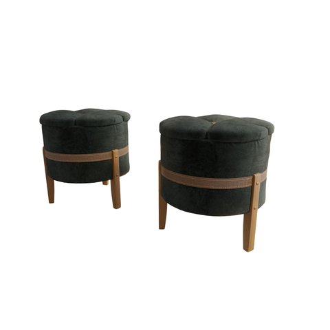 Kit 2 Puffs Pétala Decorativo Premium Apoio para Os Pés Banco Estofado Redondo Luxo Cor Preto
