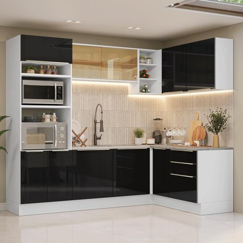 Armário de Cozinha Completa de Canto 416 Cm Branco/preto Lux Madesa 01
