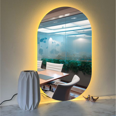 Espelho Orgânico Oval com Led 50x80cm À Pilha ou Fonte:branco Quente Fonte