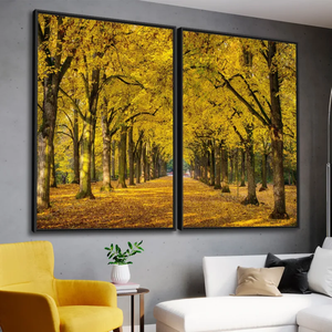 Quadro Paisagem Árvores Bosque Encantador Folhas Amarelas