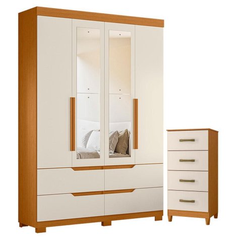 Guarda Roupa Solteiro Doble 04 Portas com Espelho e Cômoda Mobi Cinamomo Off White - Móveis
