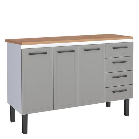 Balcão de Aço com Tampo Madeira 134x91x52cm 3 Portas 4 Gavetas Juno 140 Cozimax Cinza/jequitiba