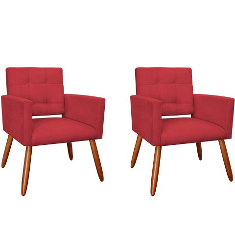Kit 2 Poltronas Decorativa Camila Suede Vermelho Pés Madeira Ms Decor