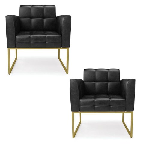 Kit 2 Poltronas Elisa Corano Preto Base Metálica Industrial Dourado - D'Rossi