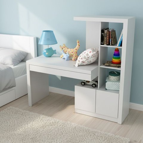 Escrivaninha Mesa Escritório com Estante Me4143 1 Gaveta 2 Portas 122,5cm Branca