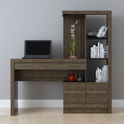 Escrivaninha Mesa Escritório com Estante Me4143 1 Gaveta 2 Portas 122,5cm Nogal