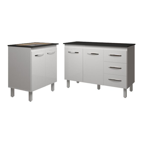 Balcão para Cooktop 4 Bocas Fran Branco e Armário Bruna 118 Cm Cozinha Gabinete Branco com Tampo Tam