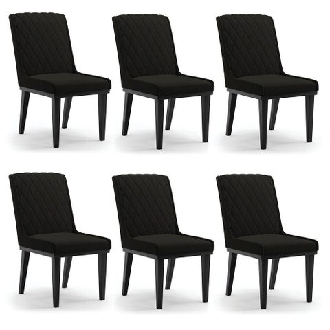 Cadeira Sala de Jantar Base Madeira Preto Kit 6 Sofia Suede D03 - D'Rossi Cor Preto