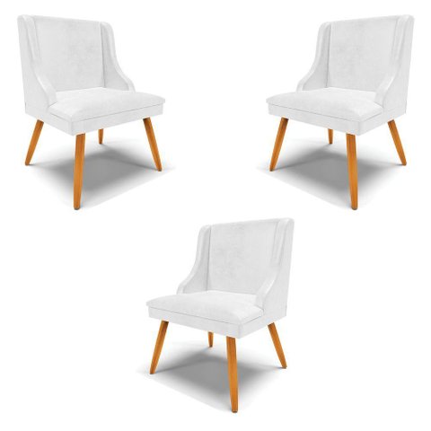 Kit 3 Cadeiras Decorativas Sala de Jantar Pés Palito de Madeira Pu Branco Brilho/natural