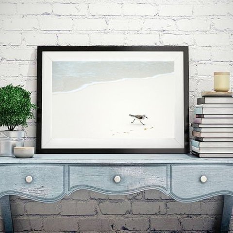 Quadro Minimalista Passarinho Praia - 60x48cm:madeira Branca
