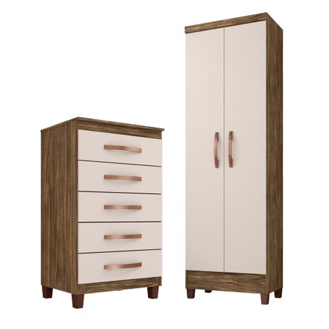 Kit Cômoda 5 Gavetas Porto Belo Com Multiuso Cairo 2 Portas Teka Champanhe Clique Chique