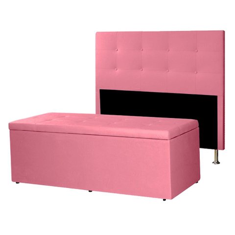 Kit Cabeceira e Calçadeira Baú King 1,95m Berlim Suede Rosa Sky Mobile