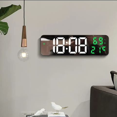 Relógio Digital de Parede LED com Temperatura, Umidade e Alarme – Visor Espelhado