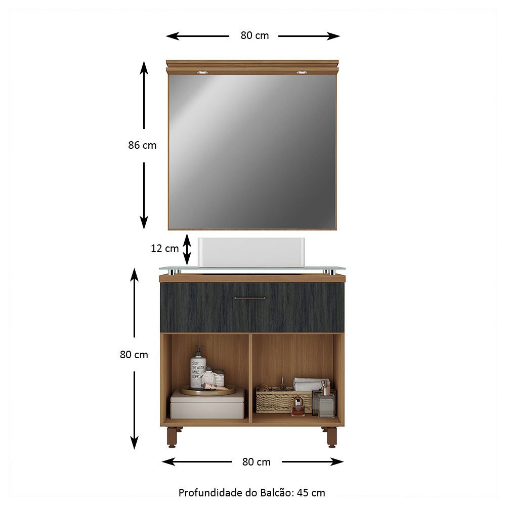 Gabinete para Banheiro com Cuba e Espelheira Lexus Noce/Carbono - Moville - 4