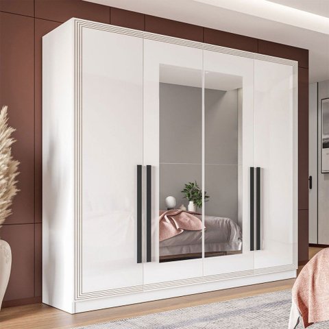 Guarda-roupa Casal Valência 4 Portas 4 Gavetas com Espelho Branco - Politorno