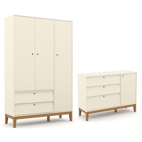 Jogo de Quarto Infantil Unique Guarda Roupa 3 Portas e Cômoda com Porta Off White/eco Wood - Matic M