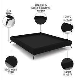 Cama Queen Base Box 158x198cm Pés de Ferro Cold P02 Veludo Preto - Mpozenato - 3