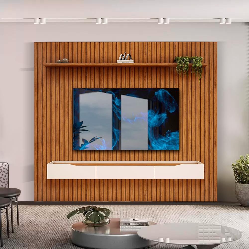 Bancada Suspensa com Painel Ripado até 75 Polegadas 275,7cm X 240cm Freijó Off White Vega Jm Mó