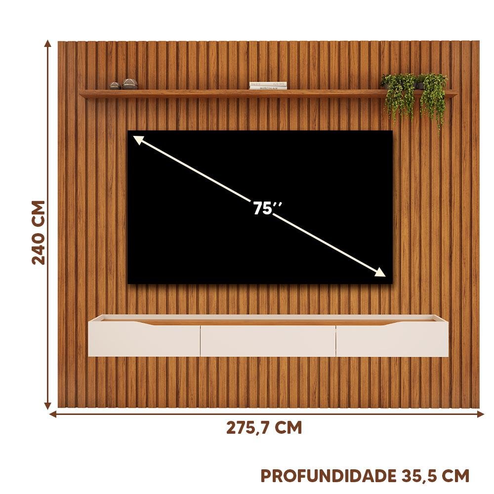 Bancada Suspensa com Painel Ripado até 75 Polegadas 275,7cm X 240cm Freijó Off White Vega Jm Mó - 4