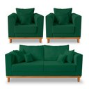 Ver imagem 1 de Kit Sofá 3 Lugares e 2 Poltronas Beny Viena Com Base de Madeira Suede Verde - Madeira Prima Deccor