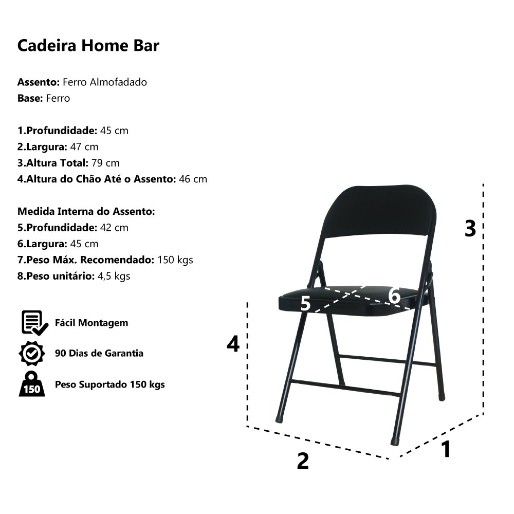 Cadeira Dobrável Bar Restaurante Almofadada Ferro Aço Preta - 5
