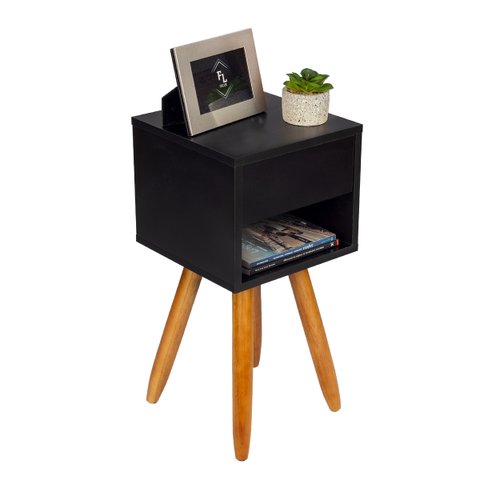 Mesa de Cabeceira Retrô 30cm Preto Gaveta e Nicho Pés Palito Madeira Maciça - Já Montado