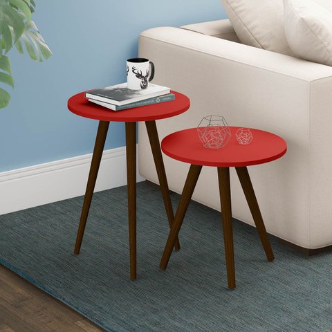 Kit 2 Mesas Redondas de Apoio para Sala 47 Cm Pés Palito Madeira Mdp Vermelho - Clicklar
