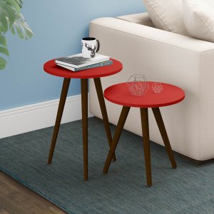 Kit 2 Mesas Redondas de Apoio para Sala 47 Cm Pés Palito Madeira MDP Vermelho - ClickLar