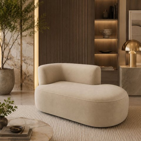 Sofá Curvo Orgânico 2 Lugares 160cm Sala Recepção Veludo:Bege/Braça Lado Direito