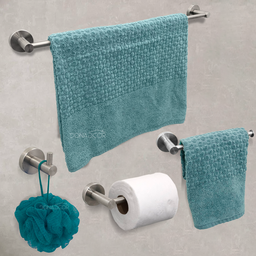 Kit Acessórios Banheiro Aço Inox Escovado Jogo Lavabo 4 Peças Papeleira Cabide Suporte Porta Toalha - 2