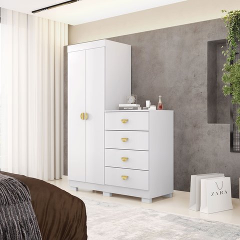 Cômoda com Roupeiro Armário Multiuso Cristal - Vlr Móveis: Branco/camarim