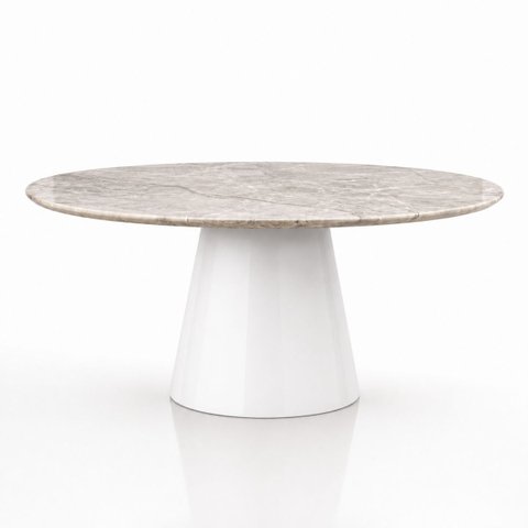Mesa de Jantar Cone Oval 198x122 cm Tampo Quartzito Taj Mahal e Base Laca Branca