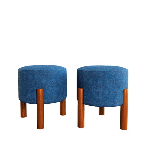 Kit Puff Lucca Azul Pés Palito Decorativo Recepção Redondo em Linho Cru