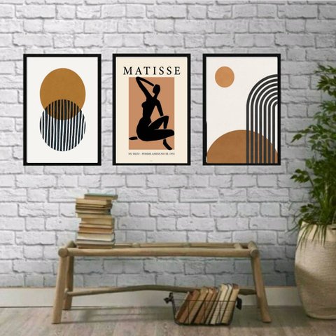 Kit 3 Quadros Decoração Minimalista marrom 33x24cm:madeira Preta