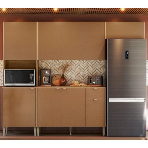 Cozinha Completa Soul com Balcão com Tampo 9 Portas 1 Gaveta Nicho p/ Micro-Ondas Caramelo