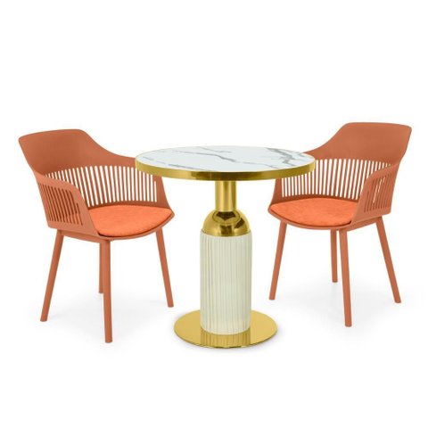 Conjunto Mesa de Jantar Redonda Imperial 70cm Branca com 2 Cadeiras Estofadas Marcela - Marrom