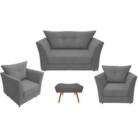 Kit Namoradeira + 2 Poltronas Decorativa Isis + 1 Puff Retangular Suede Cinza Pés Madeira Ms Decor