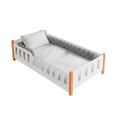 Cama Infantil Montessoriana Melissa Completa com Colchão e Enxoval Trança Cinza Grade Luminária LED