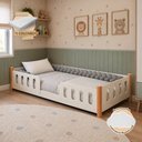Ver imagem 2 de Cama Infantil Montessoriana Melissa Completa com Colchão e Enxoval Trança Cinza Grade Luminária LED