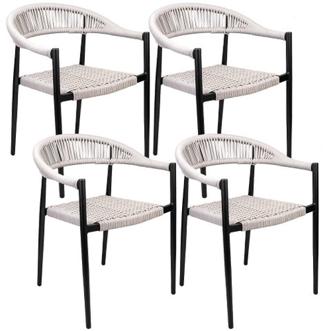 Kit 04 Cadeiras Decorativas Área Gourmet Base Preto Corda Náutica Nevada R01 Amêndoa - Lyam Decor
