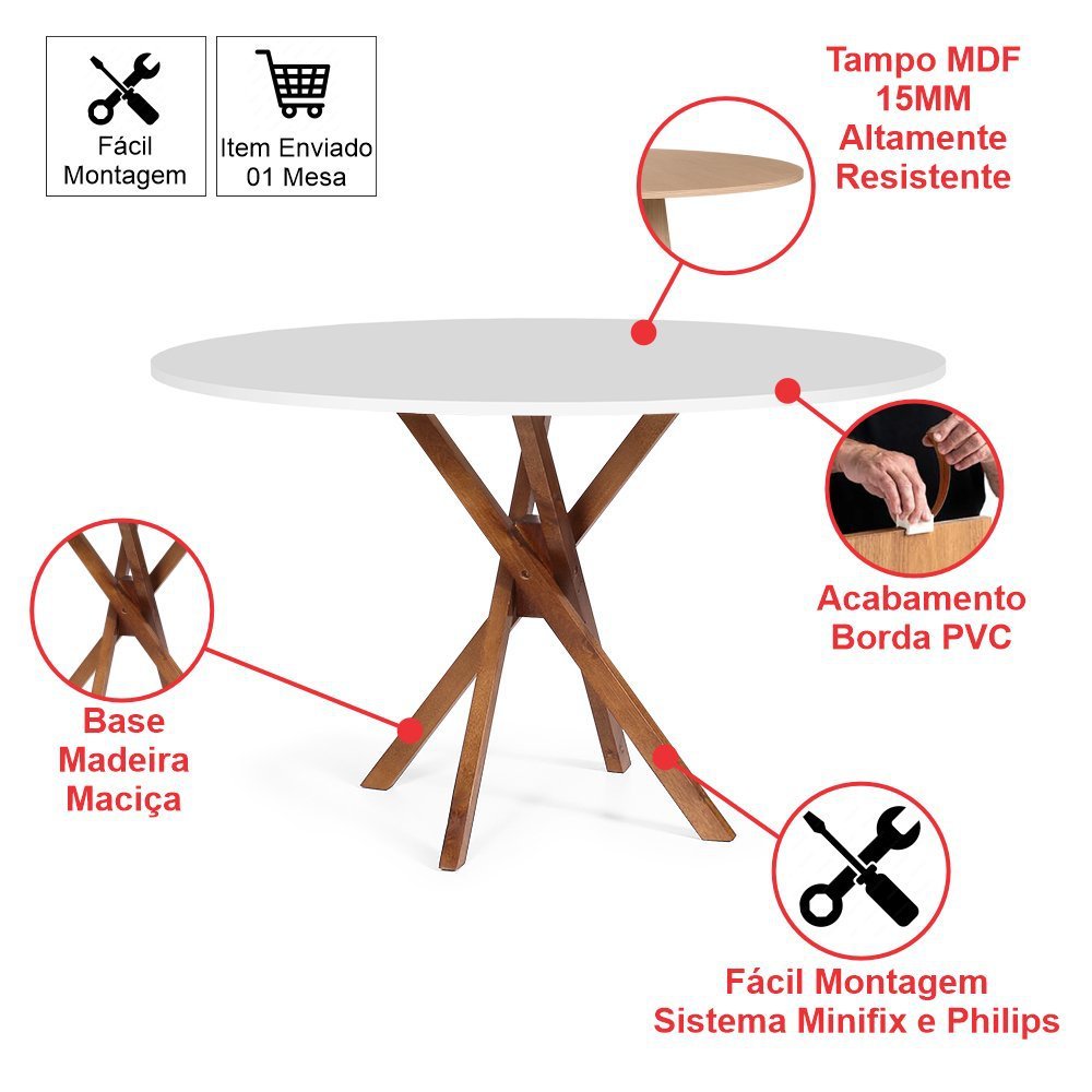 Mesa de Jantar Redonda 6 Lugares 120cm em Madeira June Branco - 2