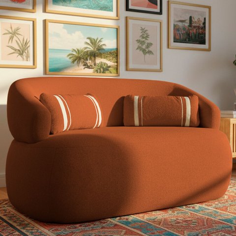 Poltrona Namoradeira 2 Lugares Orgânica Chloe Boucle Terracota com Almofada Plumante - Arkell