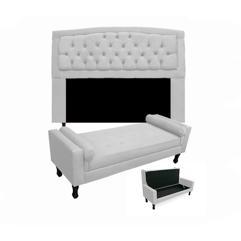 Jogo Cabeceira Geovana + Calçadeira Fênix King 195cm Suede Branco - LM DECOR