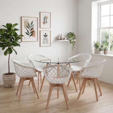 Kit Mesa Eames Vidro 110cm + 5 Cadeiras Web Wood - Seat&Co